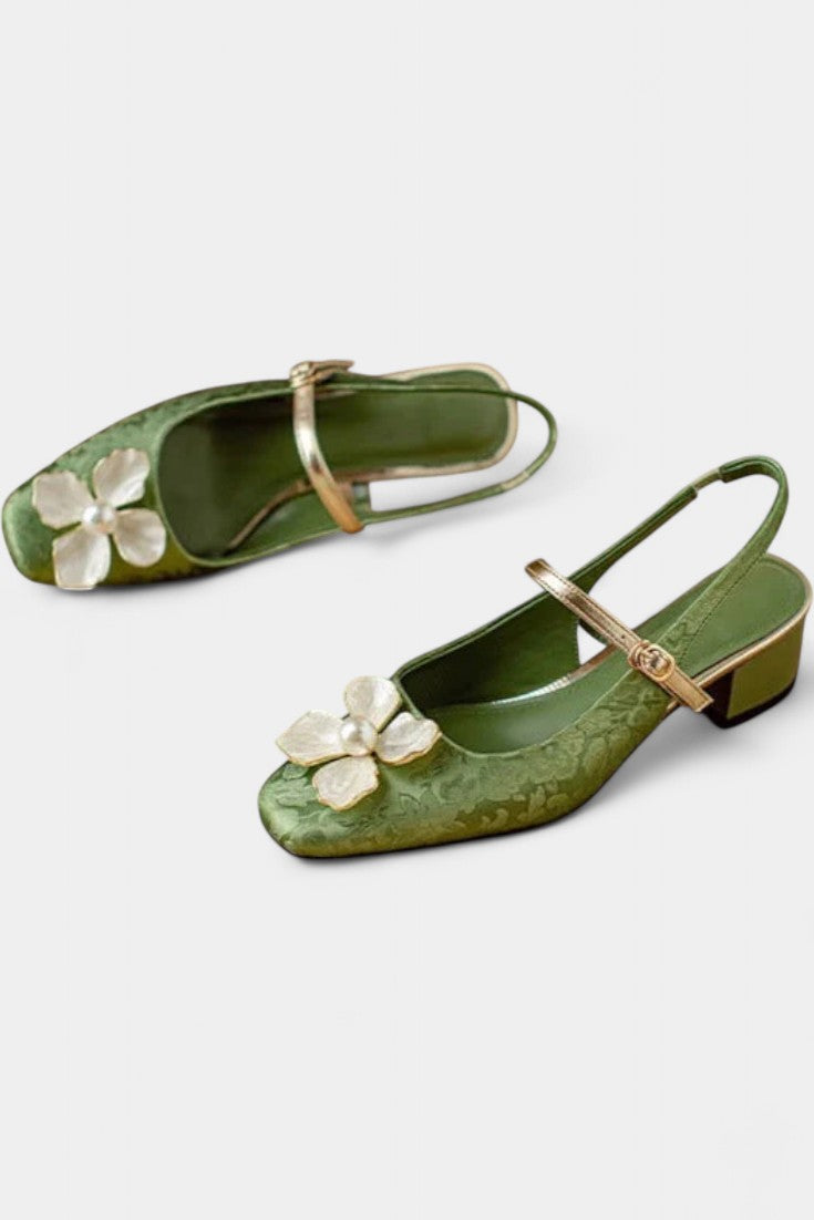 Eloise Textured Jacquard Mary Janes with Floral Accents and Medium Block Heel