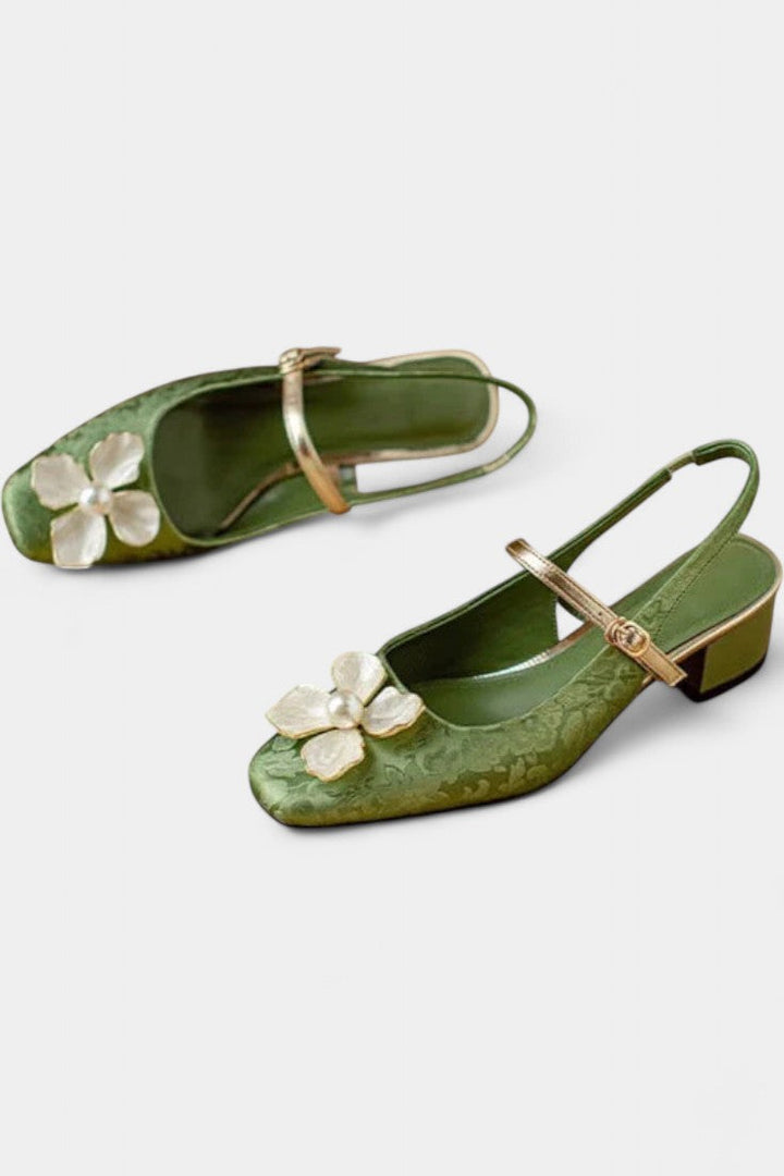 Eloise Textured Jacquard Mary Janes with Floral Accents and Medium Block Heel