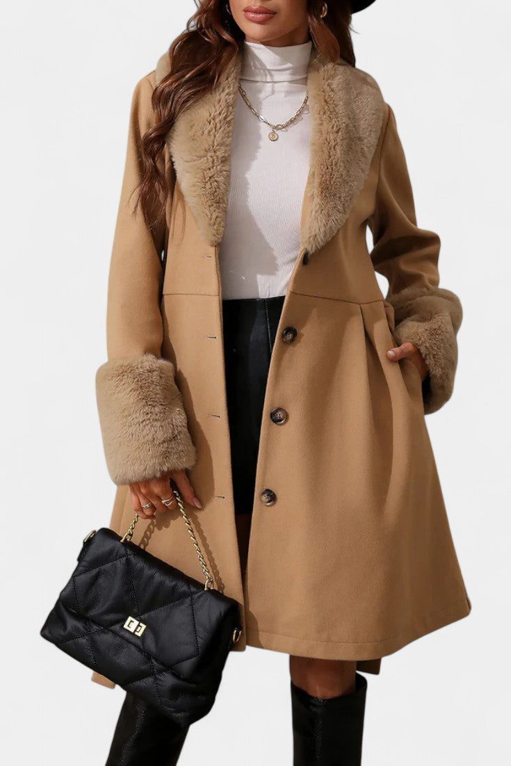 Colombine Belted Trapeze Coat with Faux Fur Accents