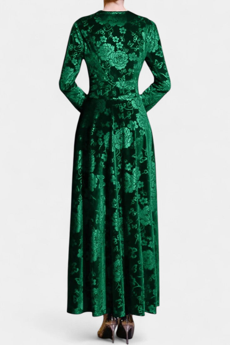 Ombeline V-Neck Long Velvet Dress with Textured Floral Design