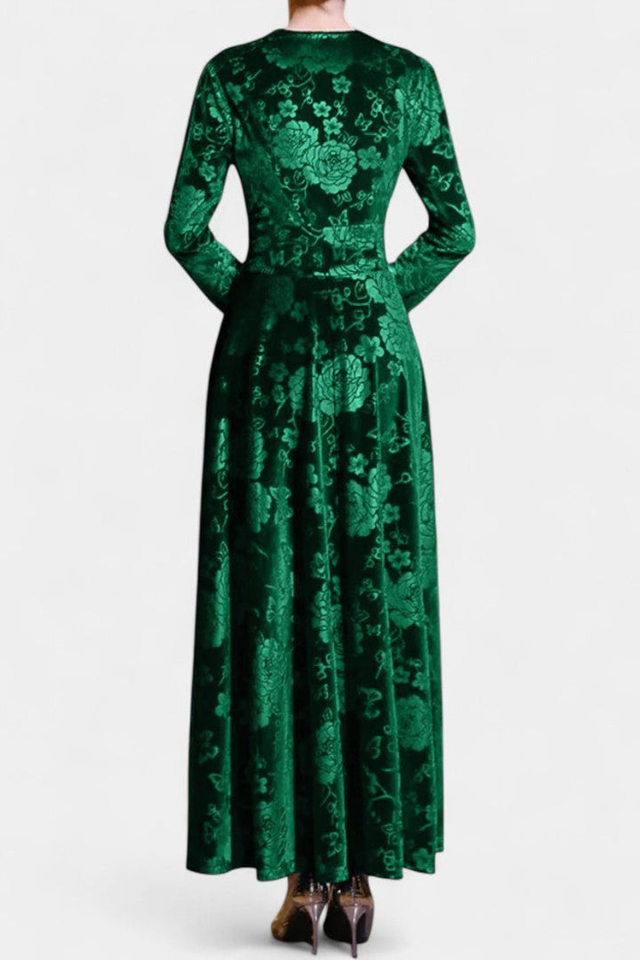 Ombeline V-Neck Long Velvet Dress with Textured Floral Design