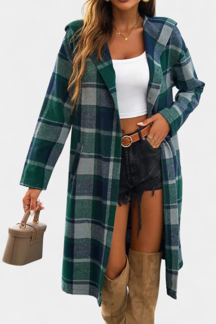 Sandrine Hooded Jacket with Button Closure in Brushed Check Design