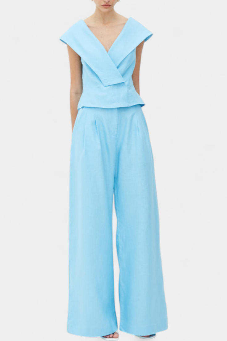 Hayden Ensemble Structured Top with Wrap Neck and Palazzo Pants