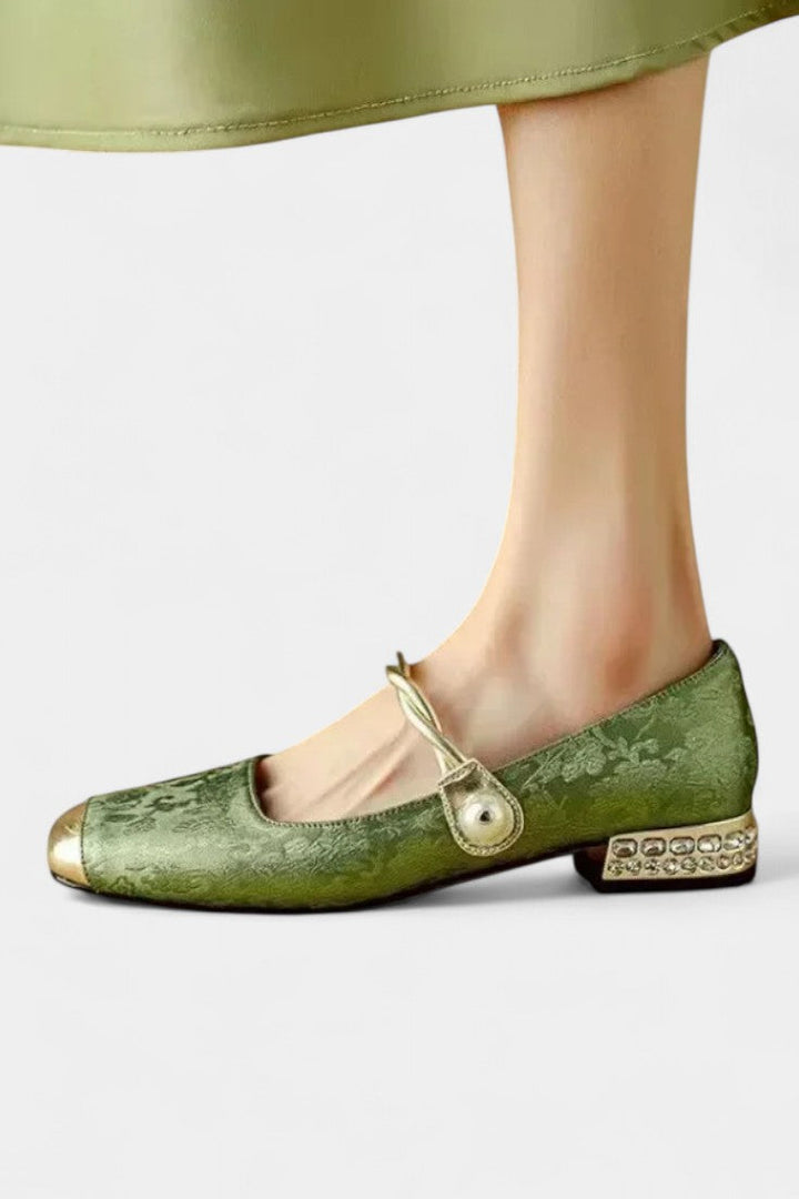 Mestelle Patent Leather Mary Janes with Square Heels and Beaded Accents