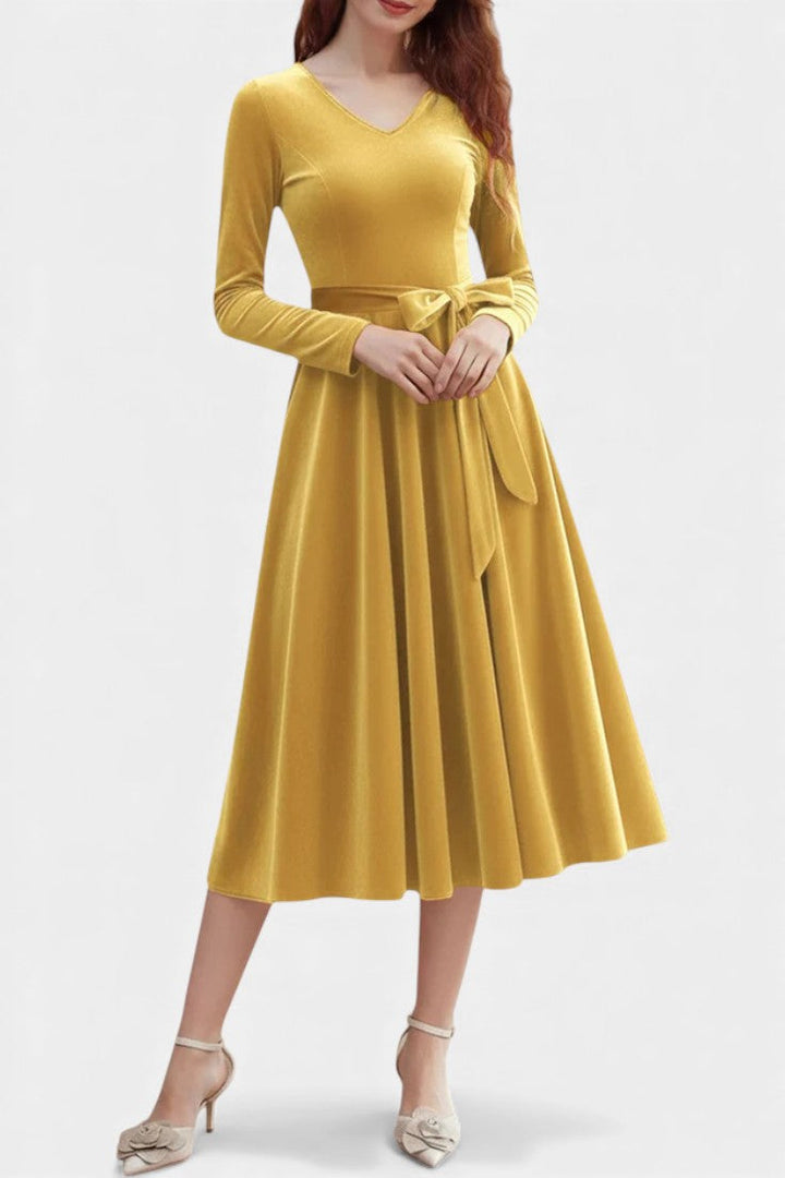 Almena V-Neck Midi Velvet Dress - Elegant and Perfect for Festive Occasions