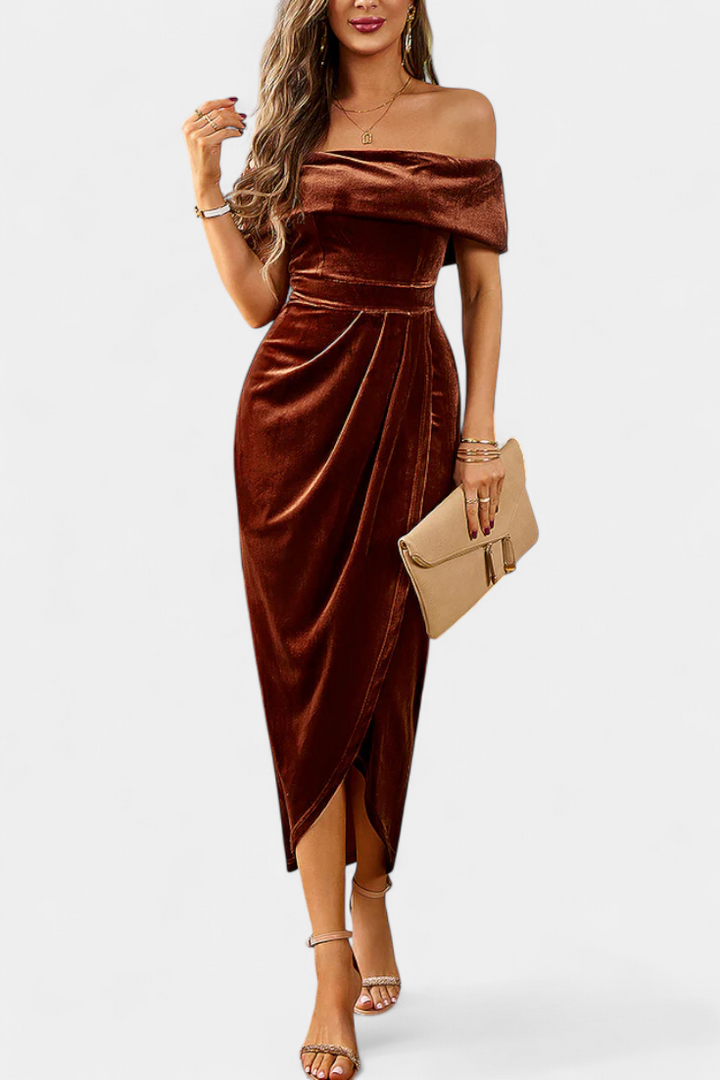 Geneviève Off-Shoulder Midi Velvet Dress with Side Slit