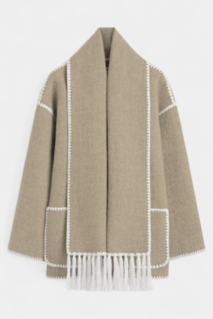 Pauline Coat Featuring Built-In Scarf and Elegant Flowing Design