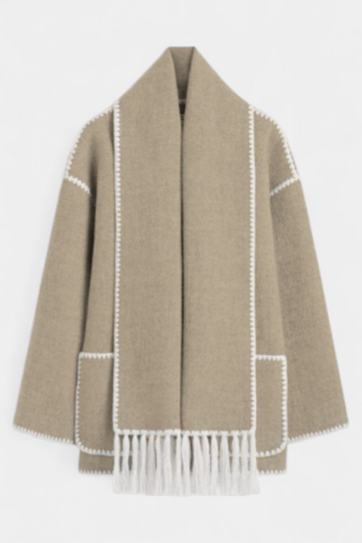 Pauline Coat Featuring Built-In Scarf and Elegant Flowing Design