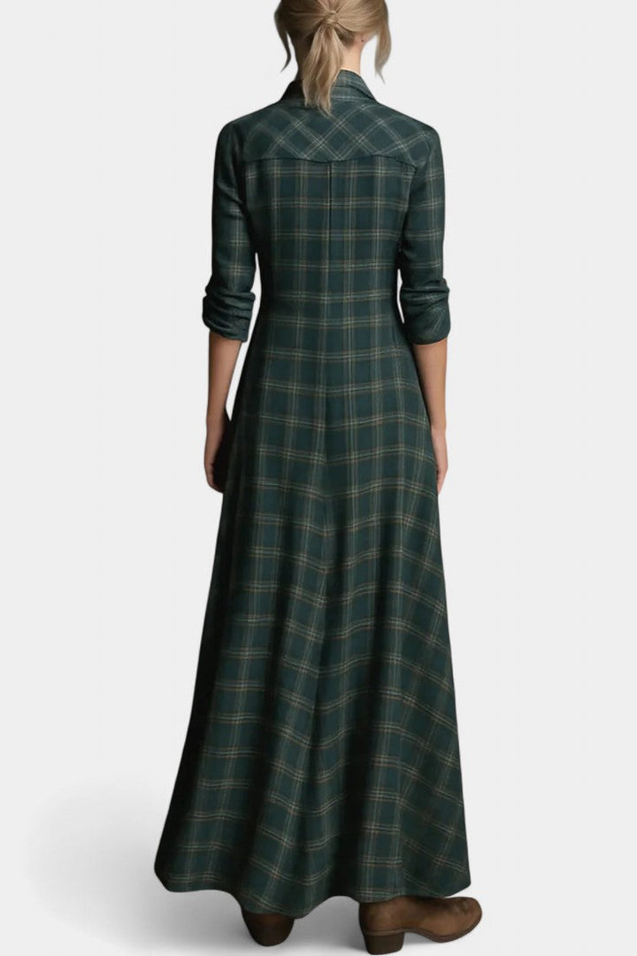 Amanita Green Check Maxi Dress with Structured Lapel
