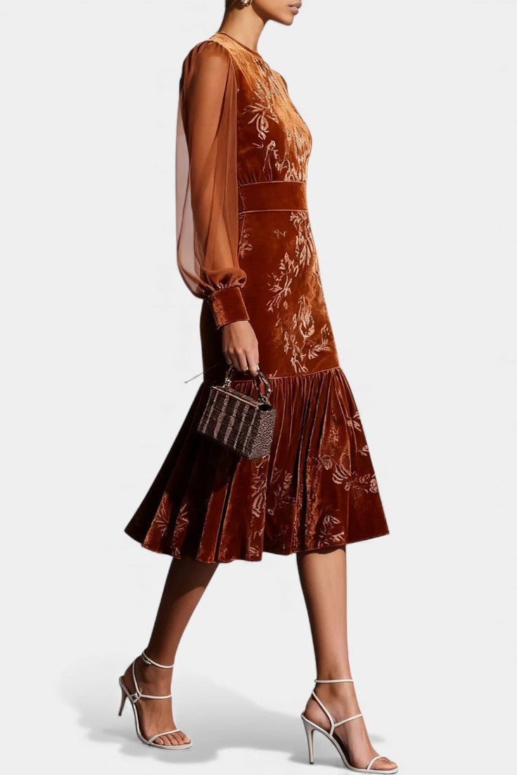 Mavluda Puff Sleeve Midi Mermaid Dress with Round Neck