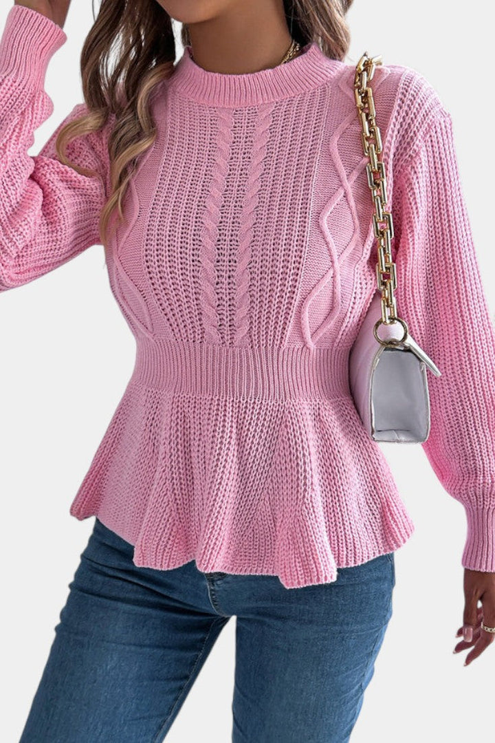 Alix Round Neck Peplum Sweater with Twisted Knit Design