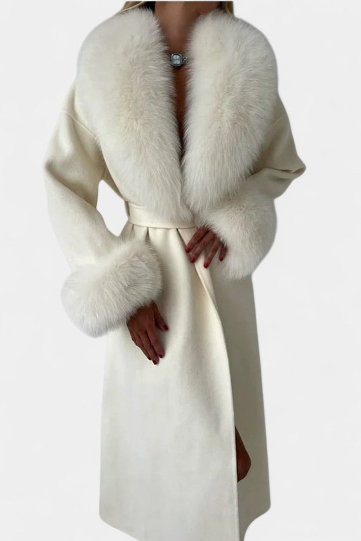 Lalie Long Coat with Faux Fur Trim and Belt