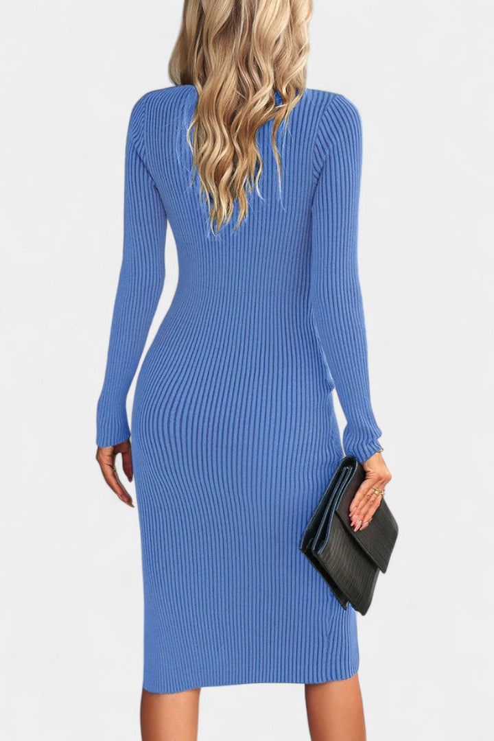 Élarine Fitted Ribbed Midi Sweater Dress with Side Slit