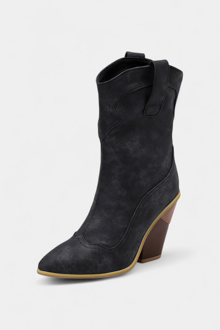 Pointed Toe Soft Leather Western Ankle Boot with Block Heel