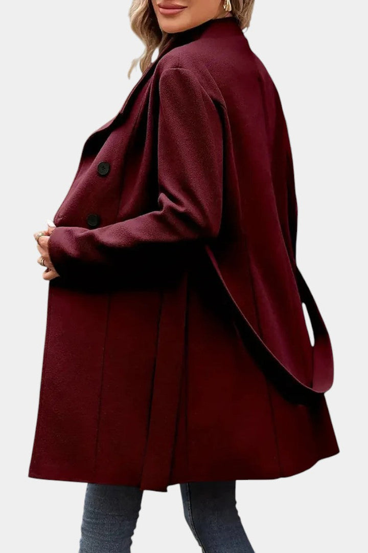 Yuliana Long Button-Up Coat with Waist Tie