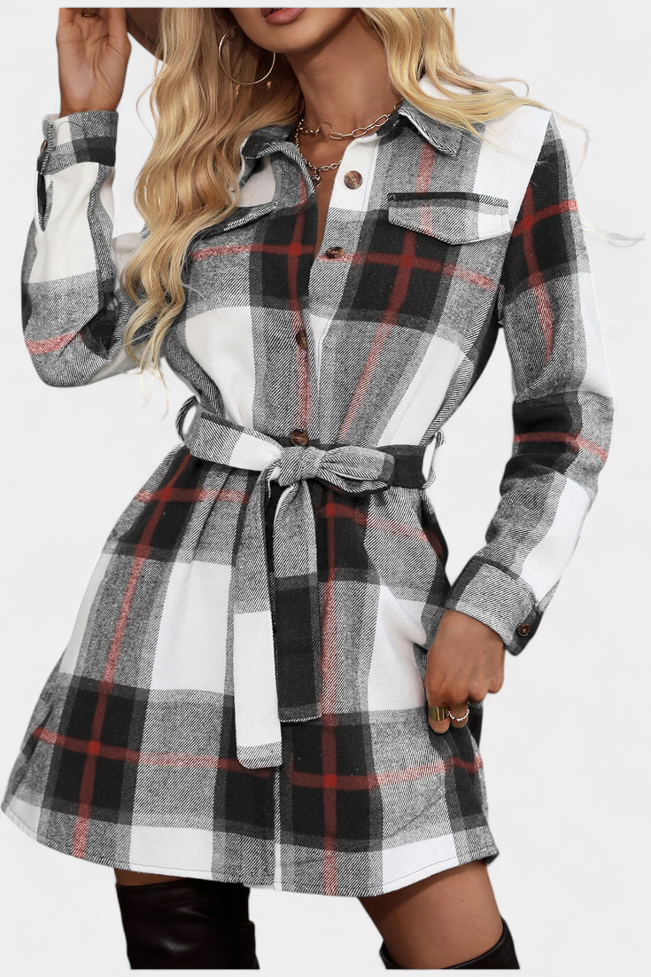 Masia Adjustable Belt Mini Check Shirt Dress