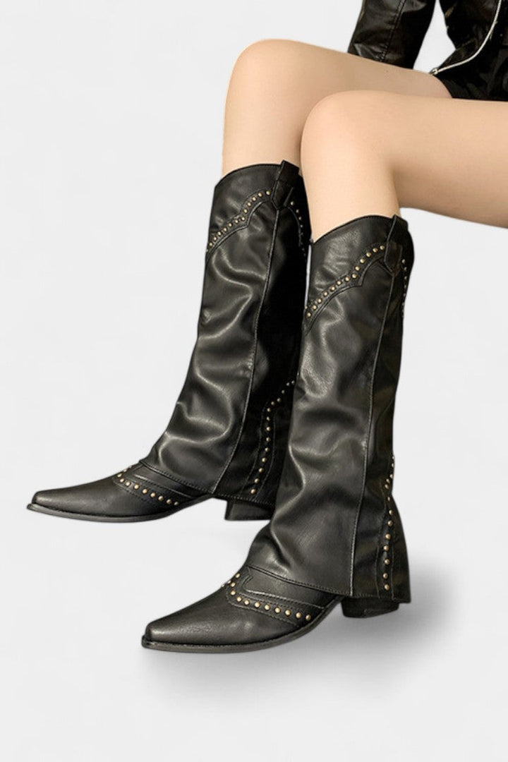 Faulen Pointed Toe High Heeled Boots with Vintage Metallic Accents