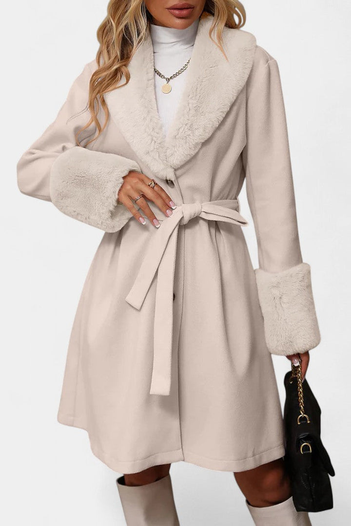 Colombine Belted Trapeze Coat with Faux Fur Accents