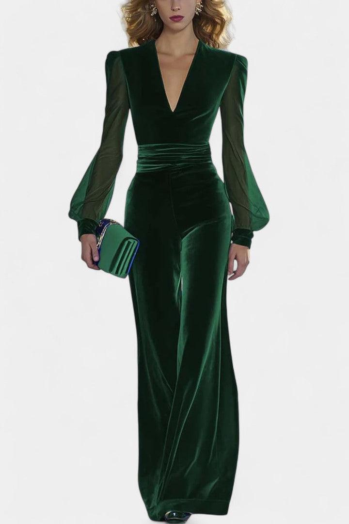 Clarène V-Neck Velvet Jumpsuit with Long Sleeves
