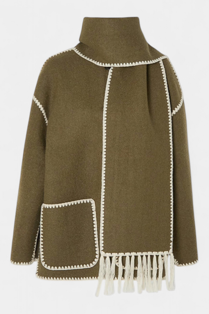 Pauline Coat Featuring Built-In Scarf and Flowing Design