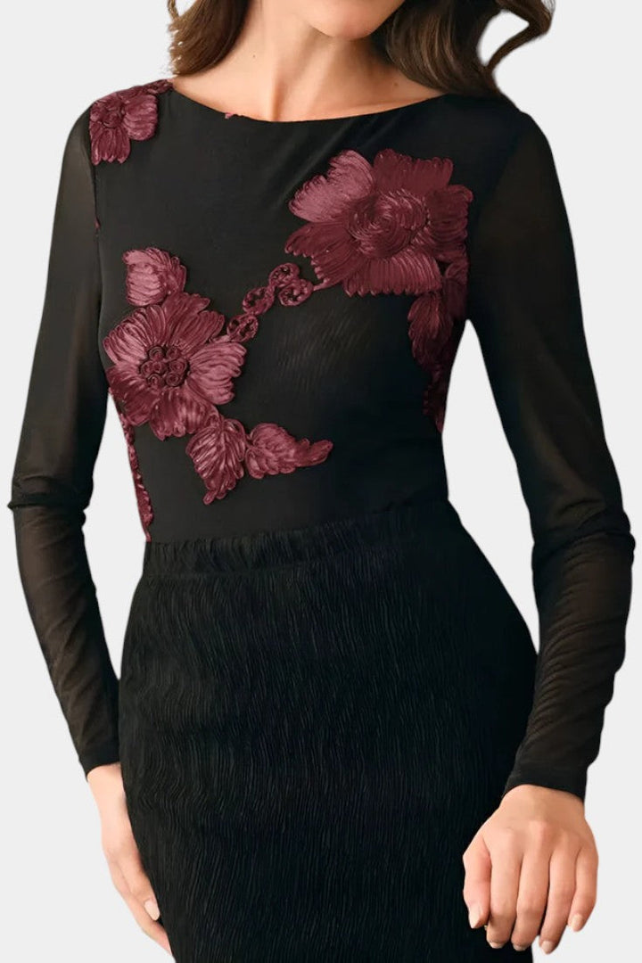 Floral Textured Blouse with Boat Neck and Long Sleeves by Ninon