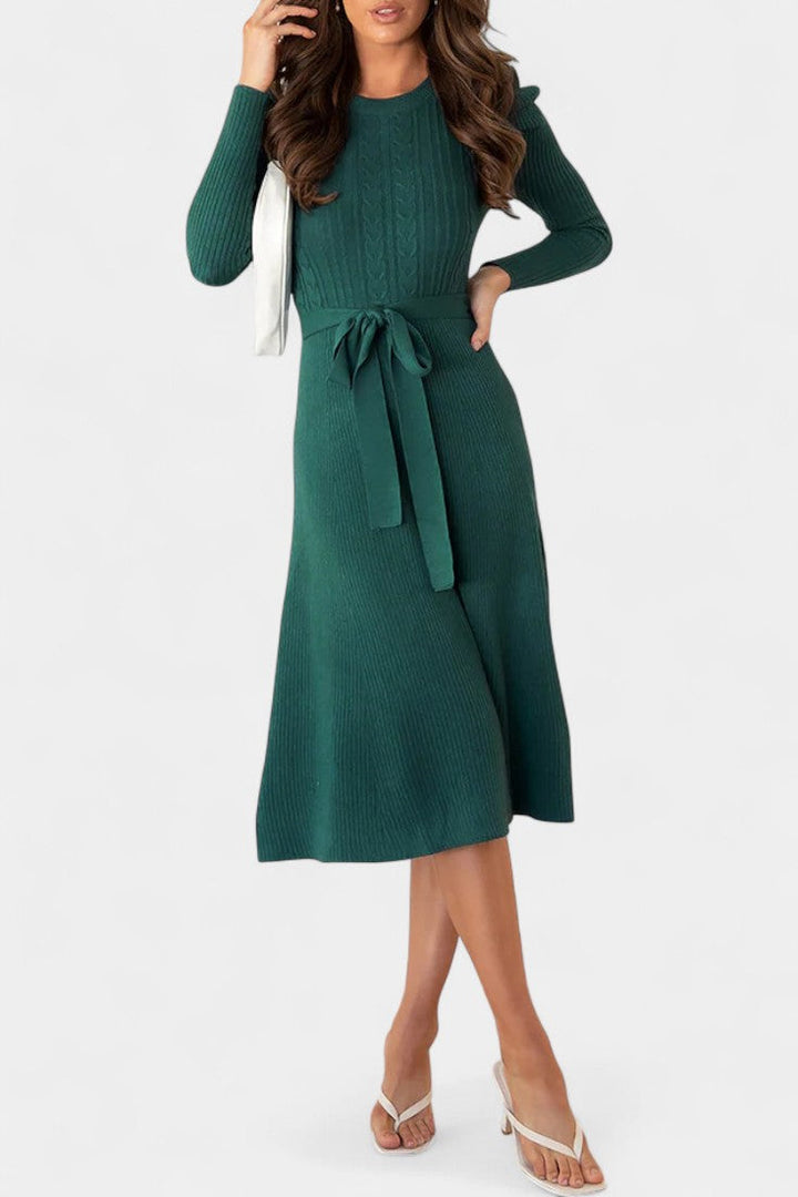 Évoria Puff Sleeve Midi Knit Dress with Lace Accents