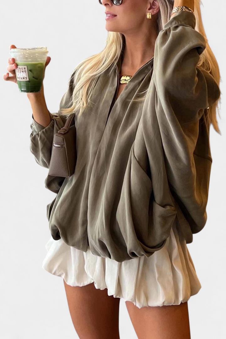 Olive Maude Blouse with Puff Sleeves and Structured Design