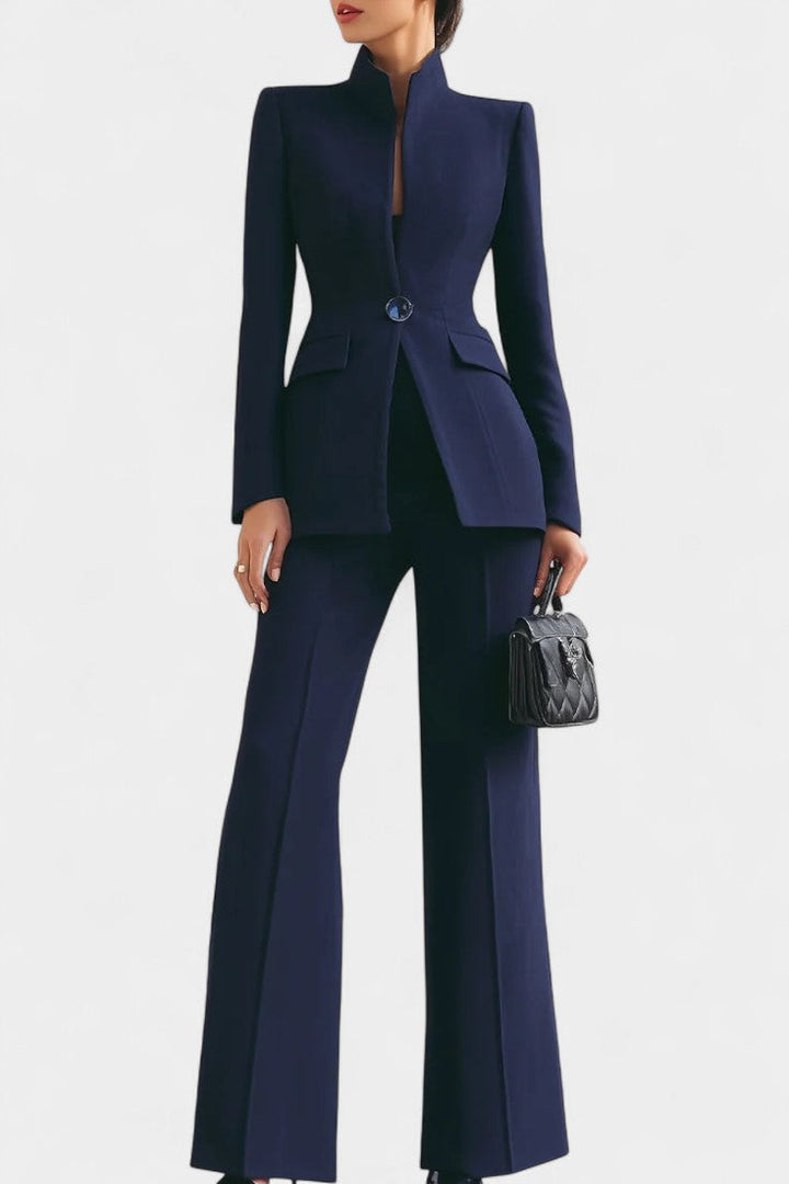 Elisabetta High-Collar Two-Piece Set with Wide-Leg Trousers