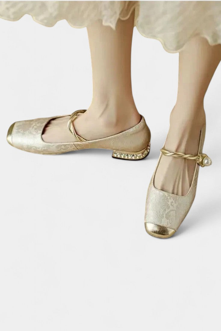 Mestelle Patent Leather Mary Janes with Square Heels and Beaded Accents