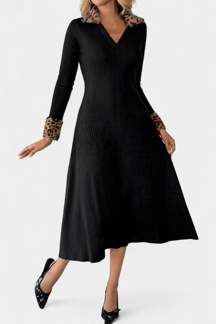 Héloïse Long Sleeve Midi Dress with Textured Fabric and Leopard Patchwork