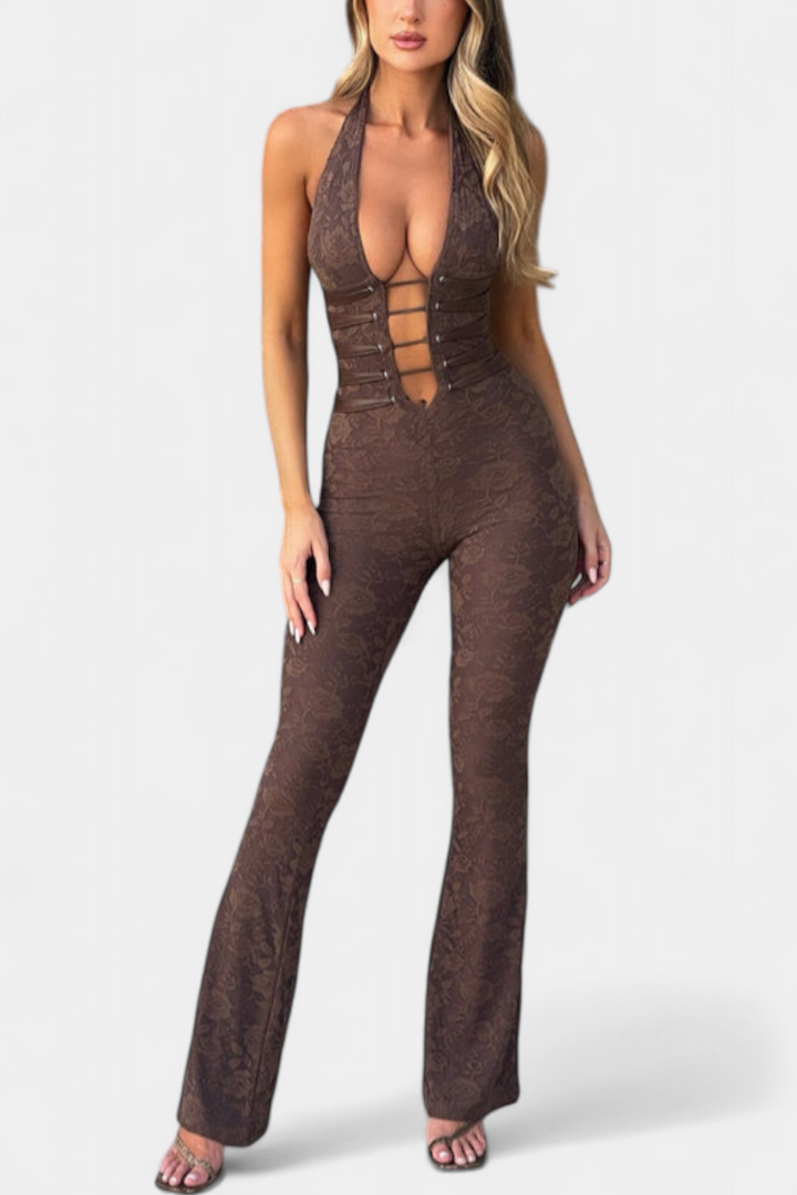 Kendra Floral Lace Halter Jumpsuit Featuring an Open Back