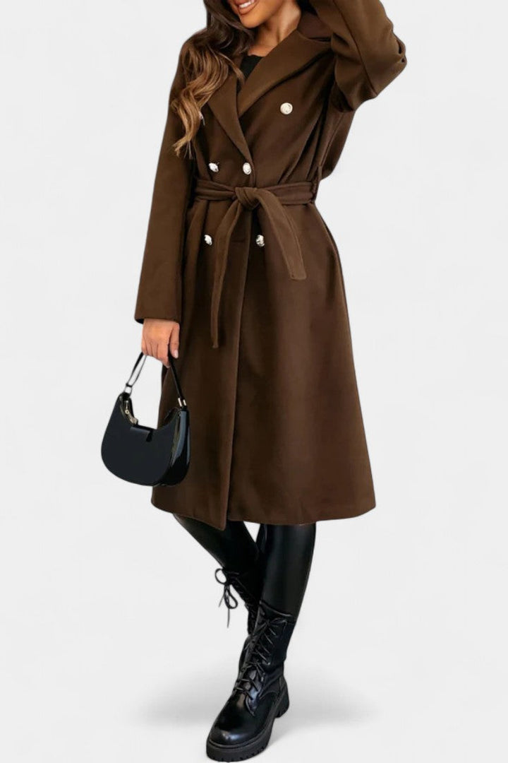 Miguelle Double-Breasted Coat Featuring a Tie Belt