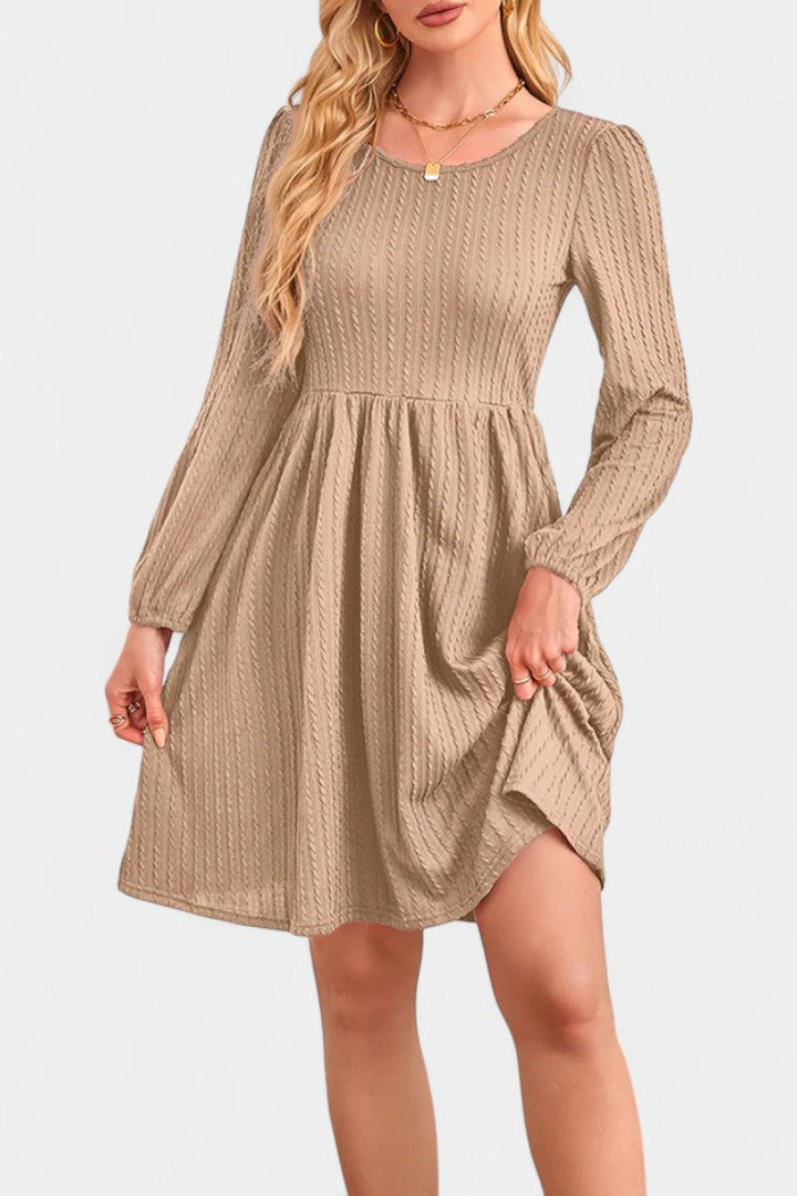Dorothée Long Sleeve Textured Flared Dress with Round Neck