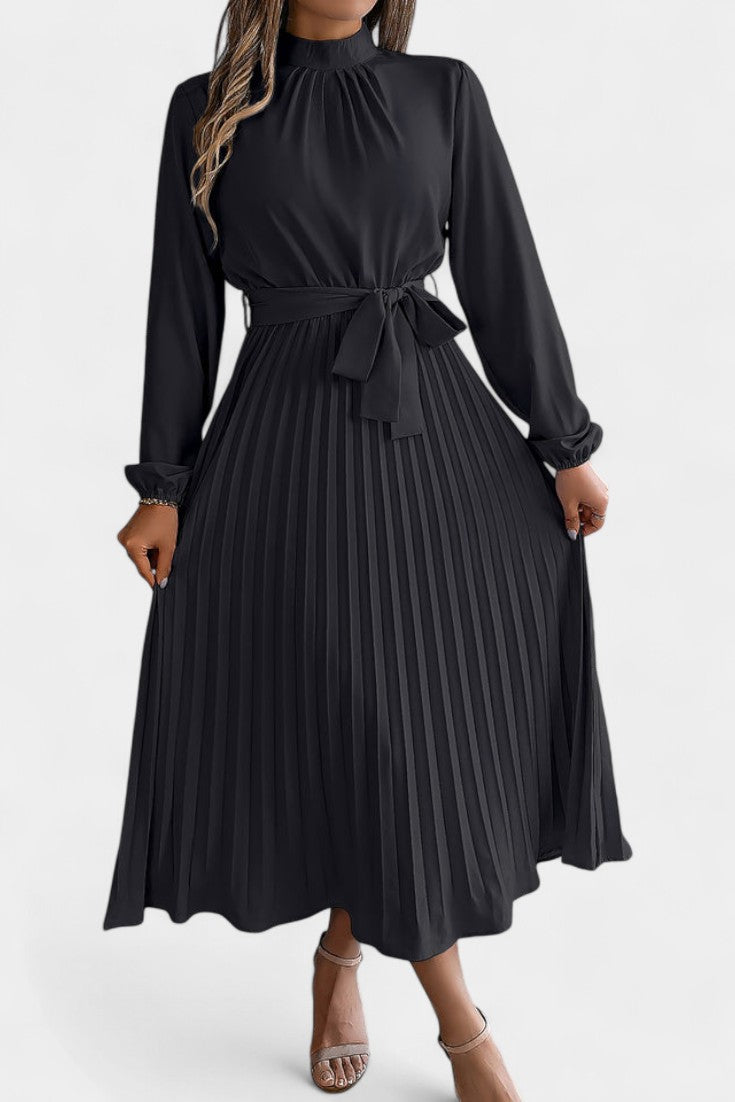 Morgane Pleated Dress Featuring a High Gathered Collar and Tied Waist