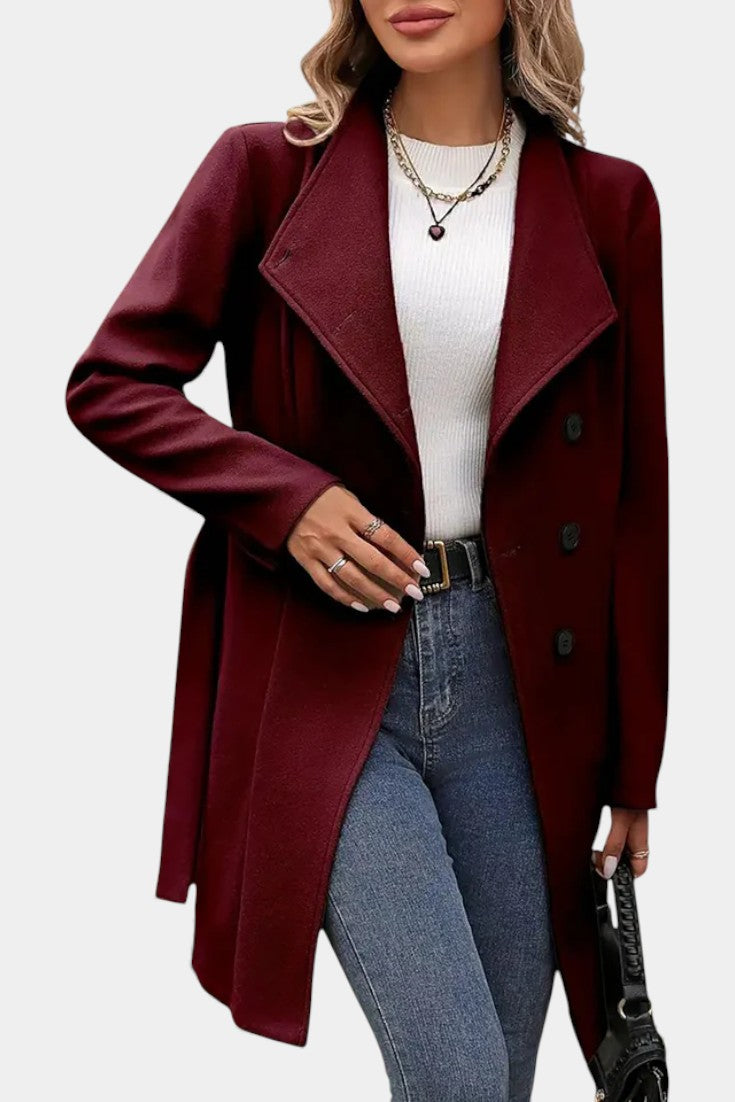 Yuliana Long Button-Up Coat with Waist Tie