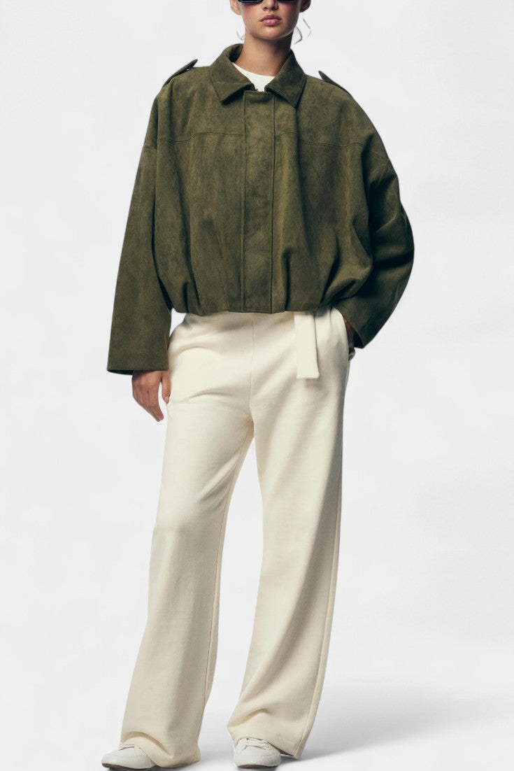 Monnie Suede Oversized Bomber Jacket with Structured Shoulders