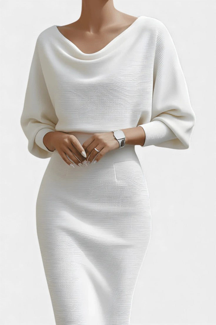 Marjolaine Midi Dress with Batwing Sleeves and Draped Design