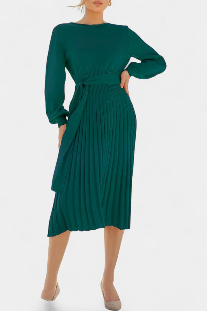Chloéria Belted Midi Dress with Pleats and Ribbed Knit
