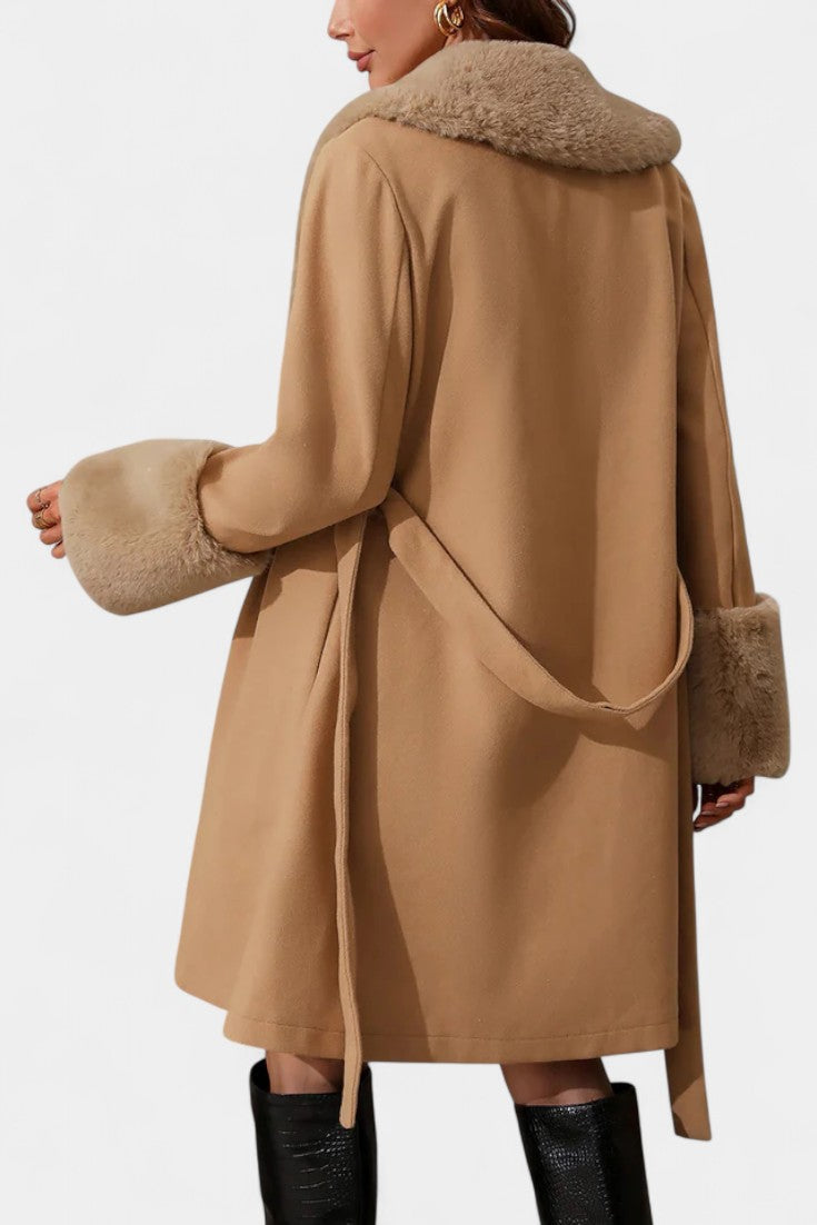 Colombine Belted Trapeze Coat with Faux Fur Accents