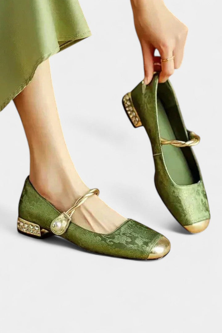 Mestelle Patent Leather Mary Janes with Square Heels and Beaded Accents