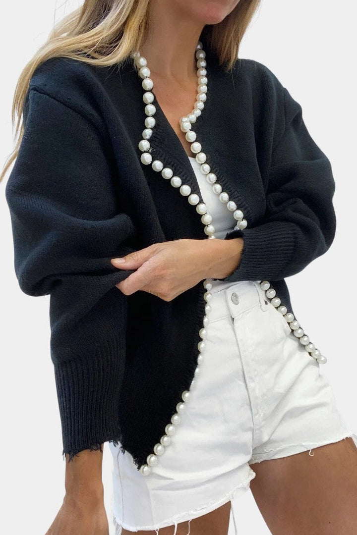 Beaded Edge Knit Cardigan with Frayed Hem by Prisette