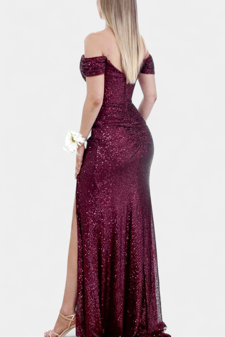 Off-Shoulder Mermaid Dress by Ariel with Ruched Corset and High Slit