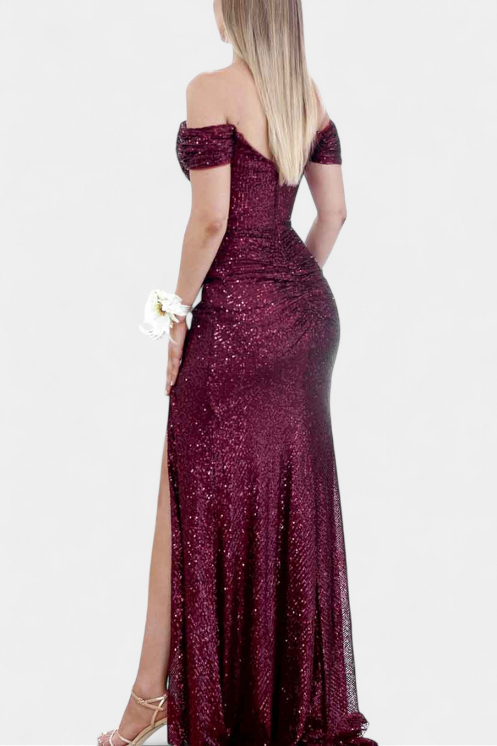 Off-Shoulder Mermaid Dress by Ariel with Ruched Corset and High Slit