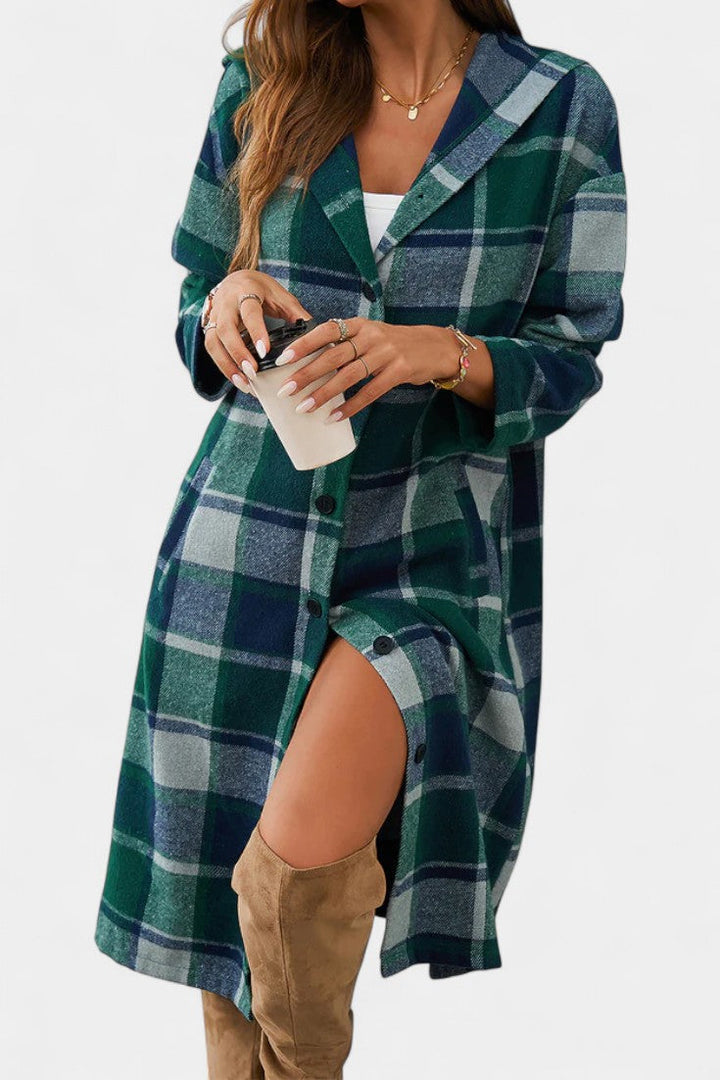 Sandrine Hooded Jacket with Button Closure in Brushed Check Design