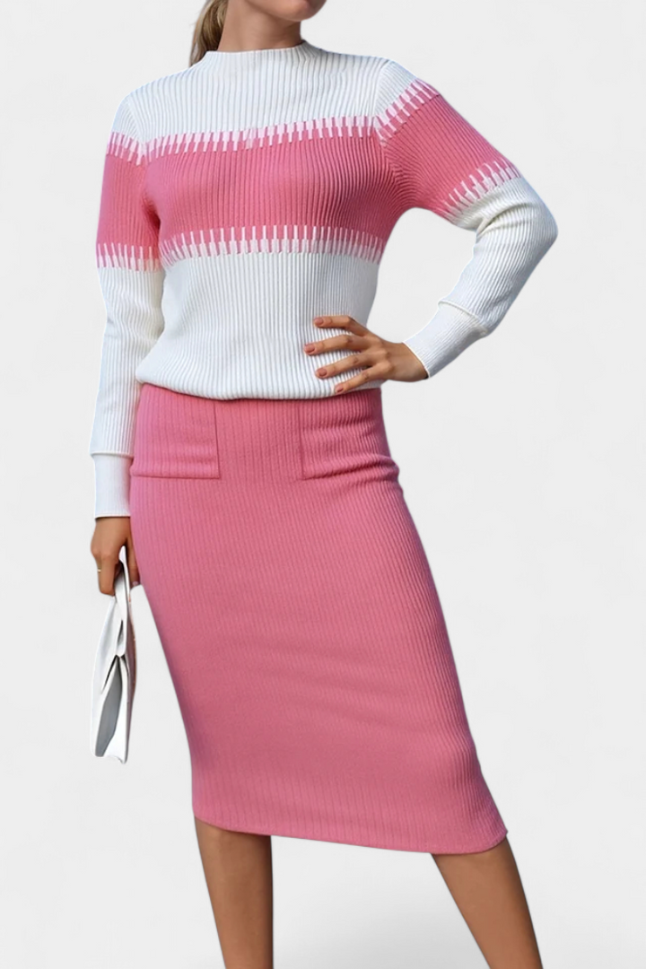 Sidonie Two-Tone Long Sleeve Midi Knit Dress Ensemble