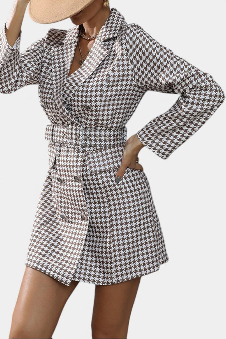 Checkered Tailored Dress with Lapels and Belt by Maddy
