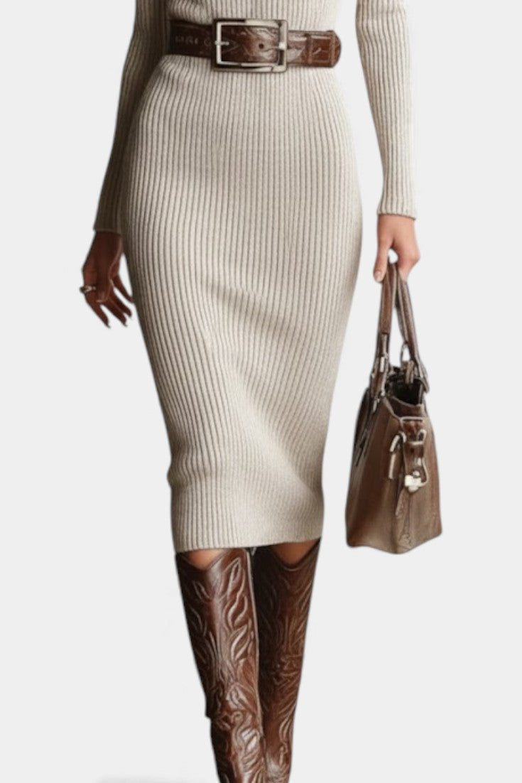 Susana Fitted Midi Knit Dress with Half-Roll Collar and V-Neck - Beltless Design