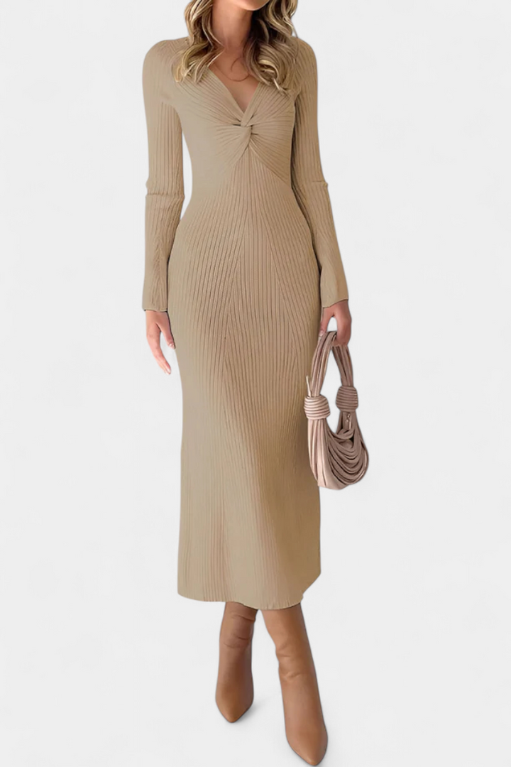 Mélusine Ruched V-Neck Long Sleeve Fitted Knit Dress