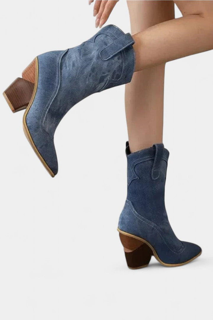Soft Leather Western Ankle Boot with Pointed Toe and Chunky Heel