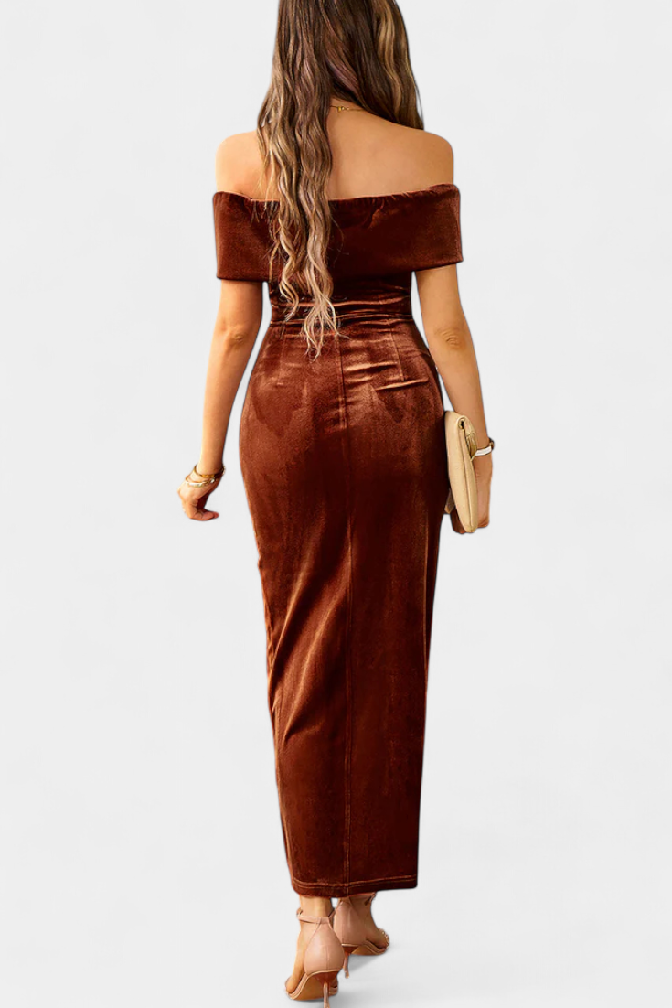 Geneviève Off-Shoulder Midi Velvet Dress with Side Slit